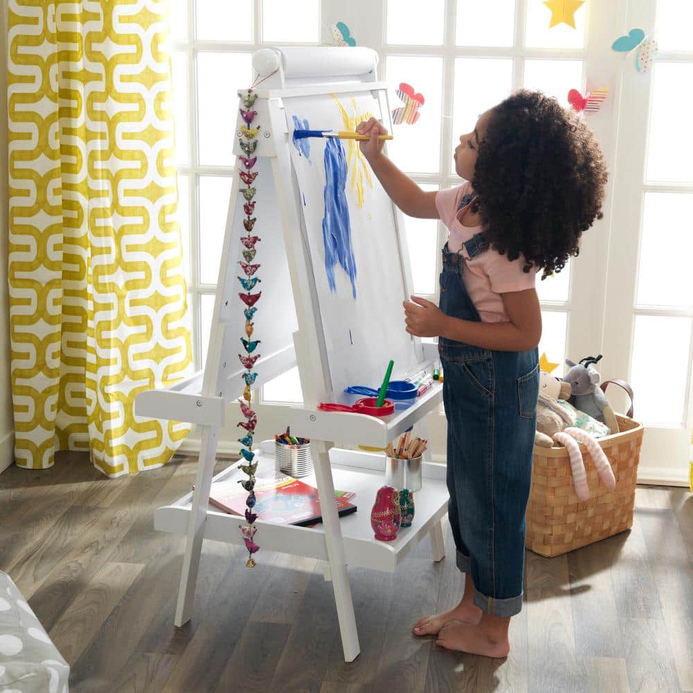 White Freestanding Double-Sided Easel with Paper Roll and Storage