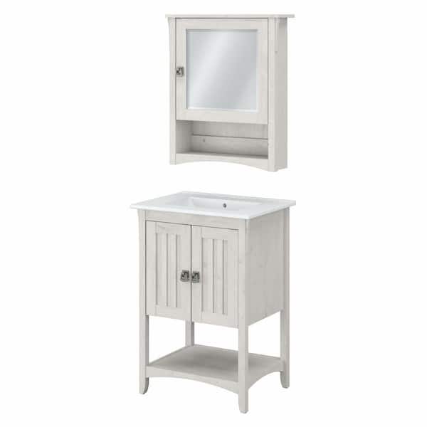 Bush Furniture Salinas 24.21 in. W Single Sink Bath Vanity in Cape Cod Gray with White Wood Top and Mirror