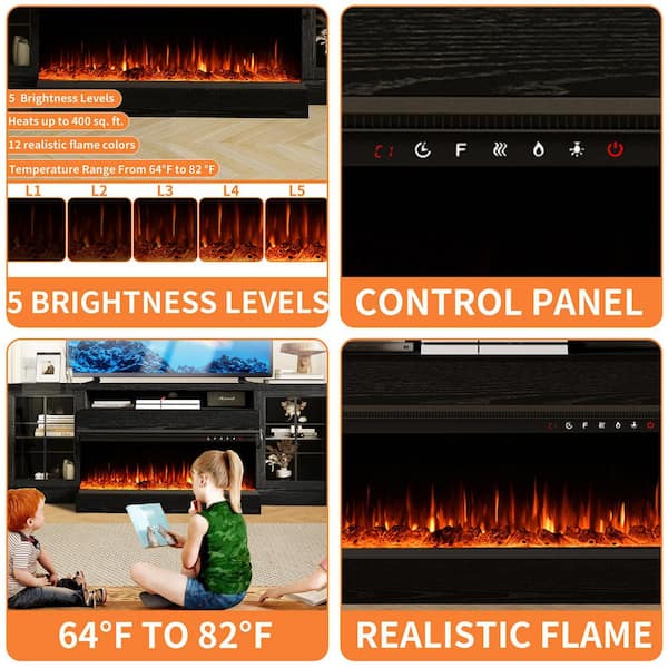 60 in. Freestanding Fireplace TV Stand with 30 in. Electric Fireplace insert, Heats 400 Sq Ft, 12 Flame Colors in Black
