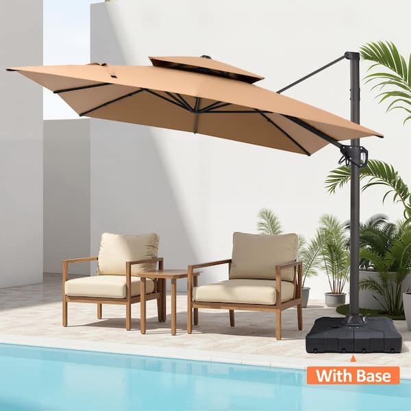 Double Top 11 ft. x 9 ft. Aluminum Outdoor Cantilever 360° Rotation Patio Umbrella in Tan With 260 lbs. Umbrella Base