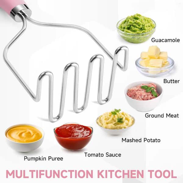 Stainless Steel Potato Masher with Soft Non-Slip Handle, for Kitchen Utensil and Mashing Potatoes, Pink (1-Pack)