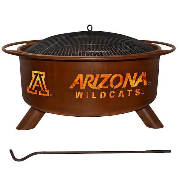 Unbranded U of Arizona 29 in. x 18 in. Round Steel Wood Burning Rust Fire Pit with Grill Poker Spark Screen and Cover