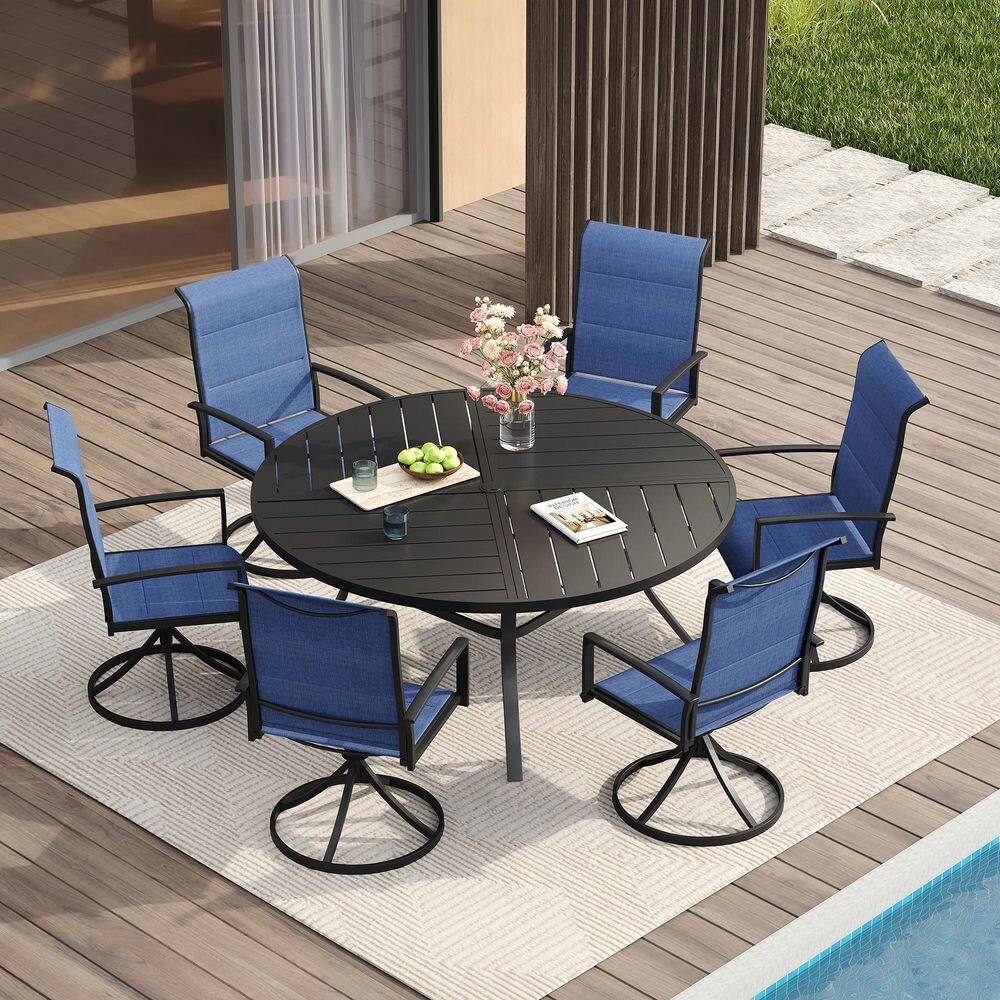 7-Piece Metal Outdoor Dining Set with 50 in. Black Round Table and 6 Blue Swivel Dining Chairs for 6 Person price history on PriceWatchPro