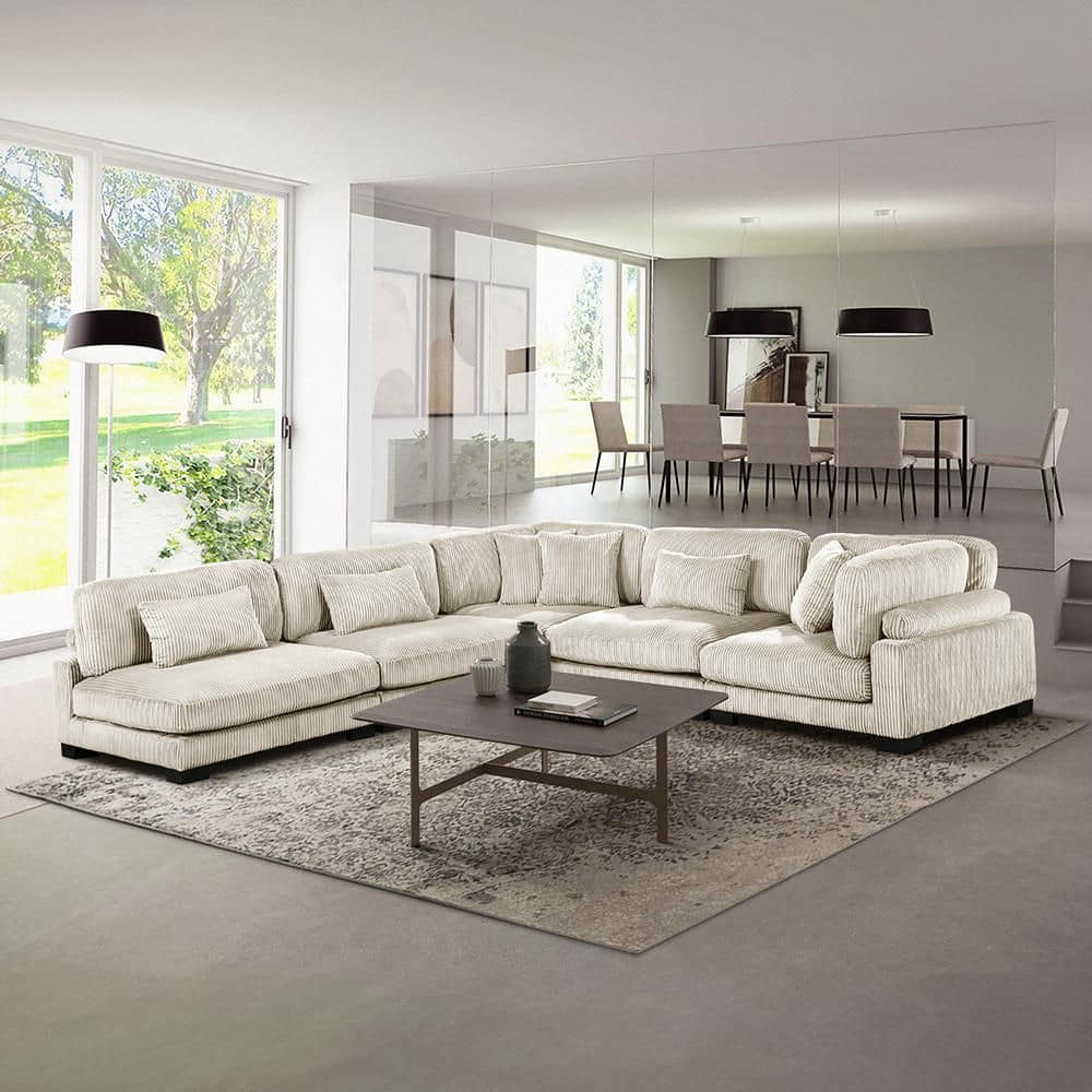 Turbo 135 in. Pillow Top Arm 5-Piece Corduroy Fabric Modular Sectional Sofa in Beige