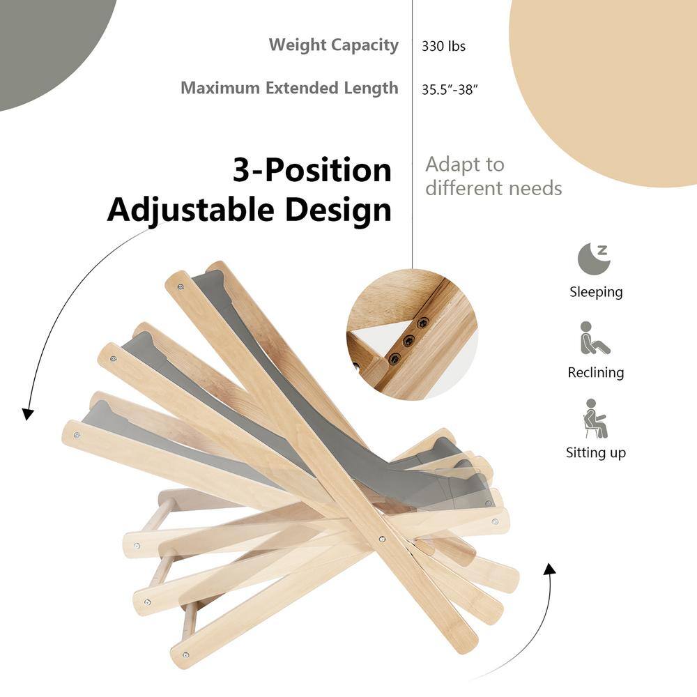 Foldable Natural Beech Wood Sling Chair with Gray Cushion