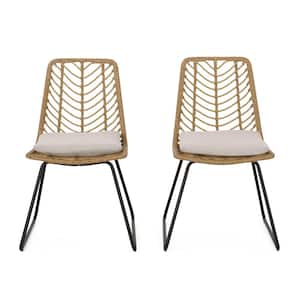 2-Piece Light Brown Wicker Outdoor Dining Chairs with Beige Cushions