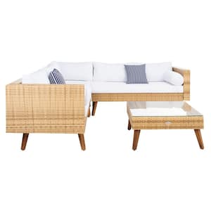 Analon Natural 3-Piece Wicker Patio Conversation Set with White Cushions