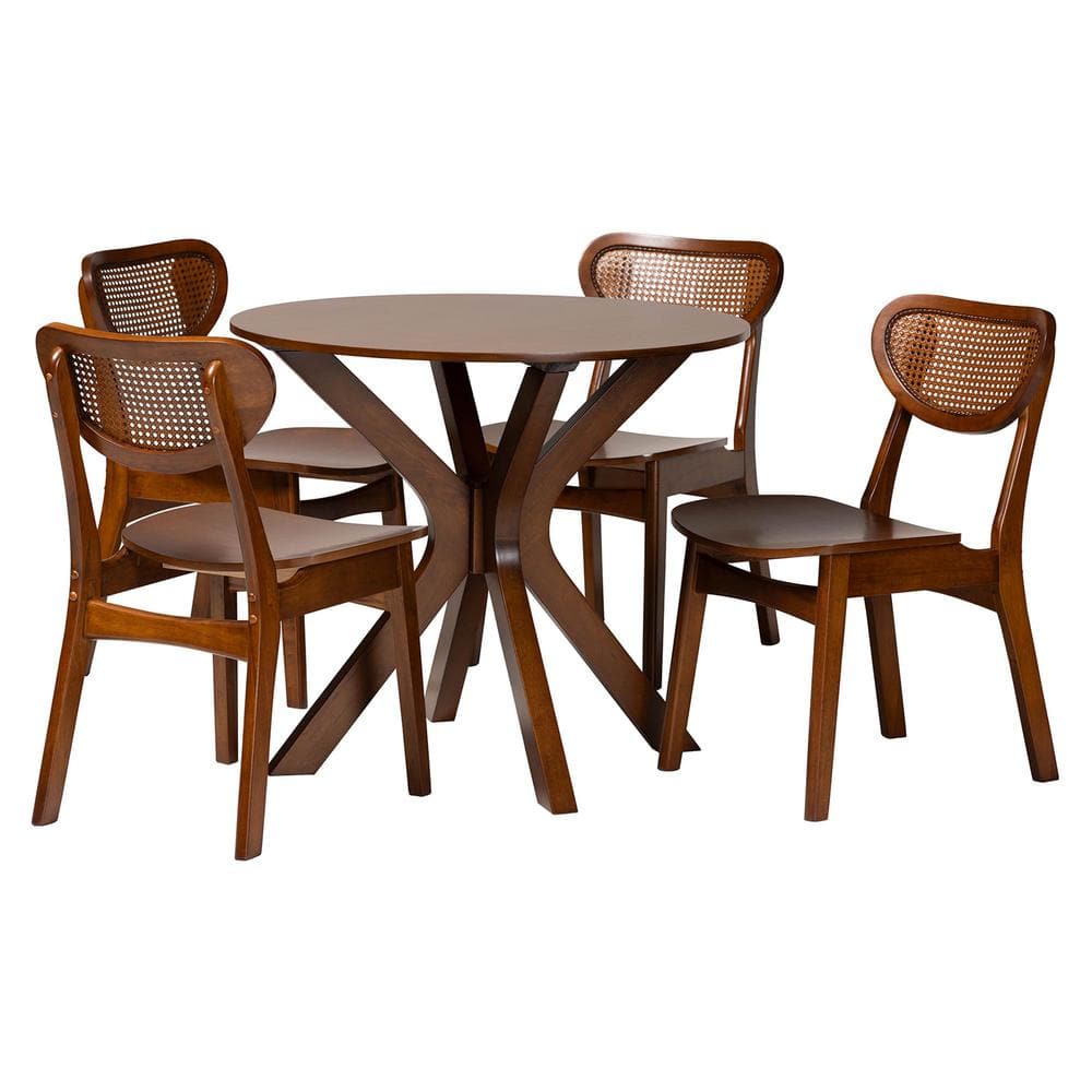 Mid-Century Walnut Brown Wood and Woven Rattan Dining Set