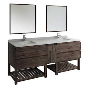 Formosa 84 in. Double Vanity with Open Bottom in Warm Gray with Quartz Stone Vanity Top in White w/ White Basins, Mirror