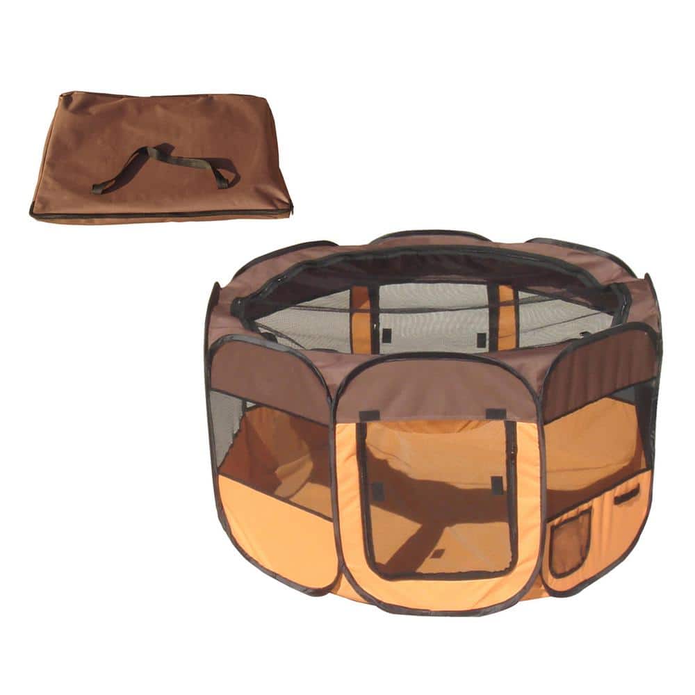 Medium Brown and Orange Metal Frame Collapsible Pet Playpen