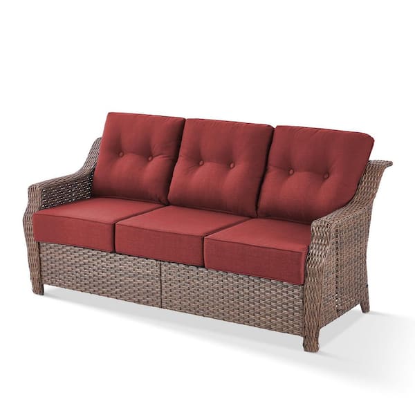 Pocassy Round Side Series 3 Seat Wicker Outdoor Patio Sofa Couch with Deep Seating and Red Cushions