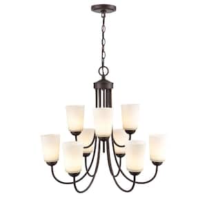 Ivey Lake 9-Light Rubbed Bronze Chandelier Light with Etched White Glass Shades