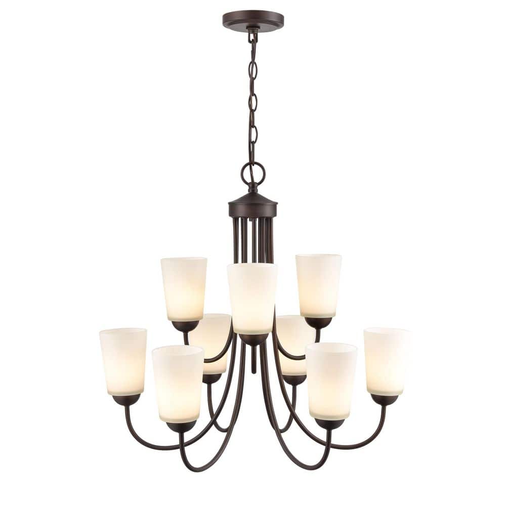 Ivey Lake Rubbed Bronze 9-Light Chandelier with Etched White Glass Shades