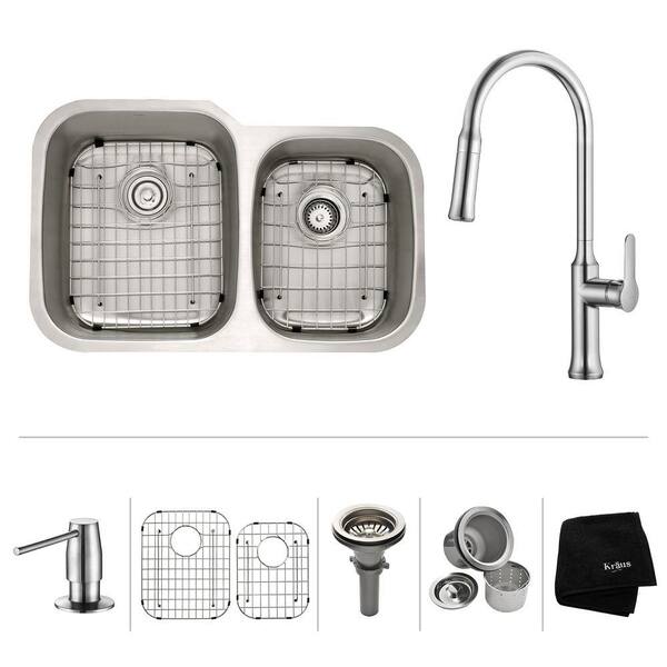 KRAUS All-in-One Undermount Stainless Steel 32 in. 60/40 Double Bowl Kitchen Sink with Faucet and Accessories in Chrome