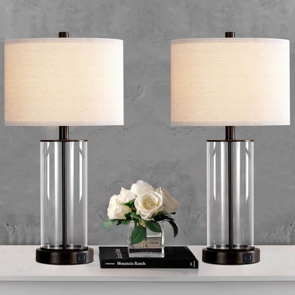 Bronze and Clear Glass Touch Control Table Lamp Set with USB Ports