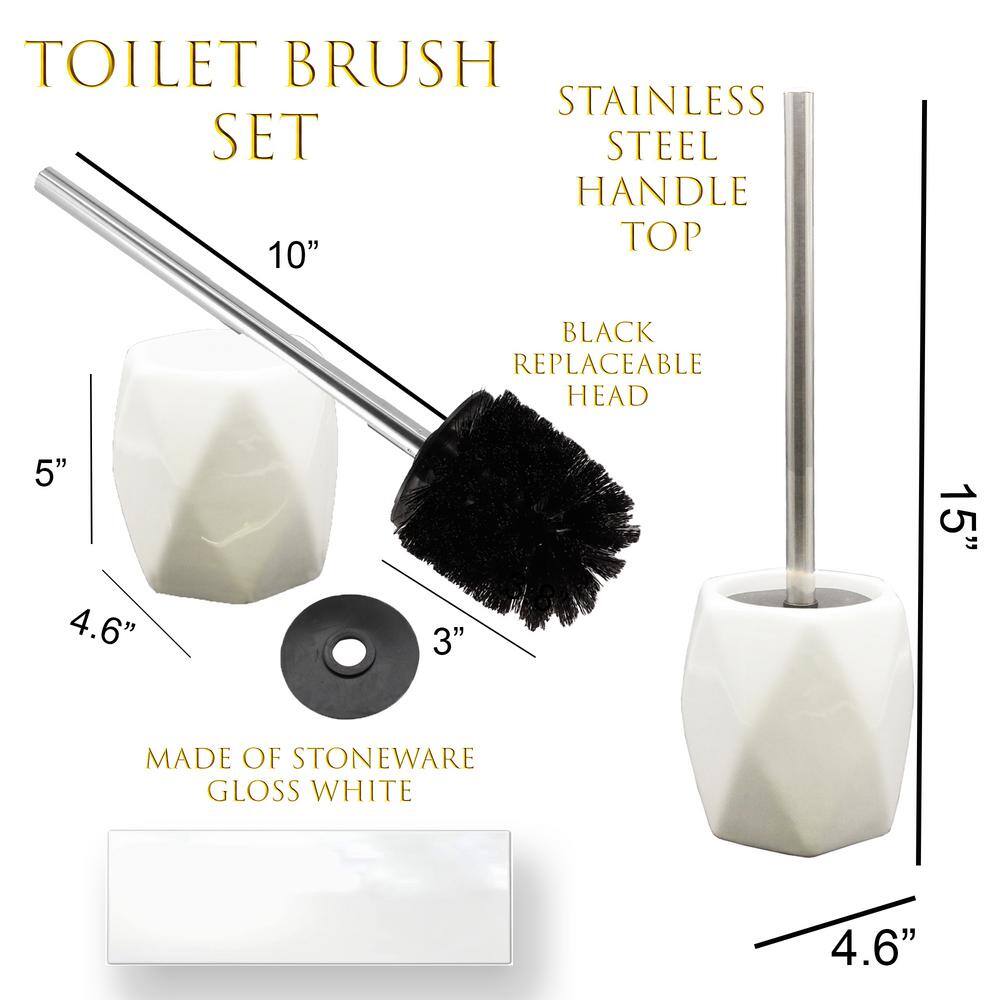 White Diamond Stoneware Toilet Brush Holder with Stainless Steel Handle