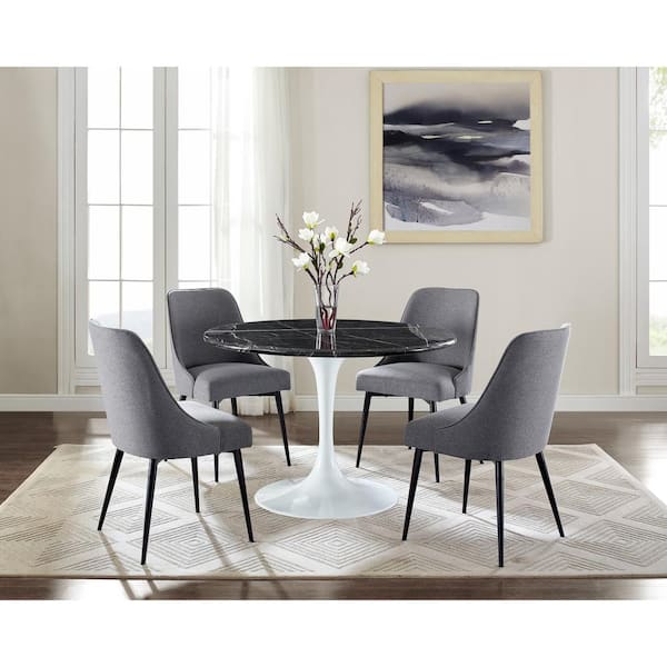 Steve Silver Colfax 45 in. Round Black Marble Table with White Base and 4 Charcoal Upholstered Chairs