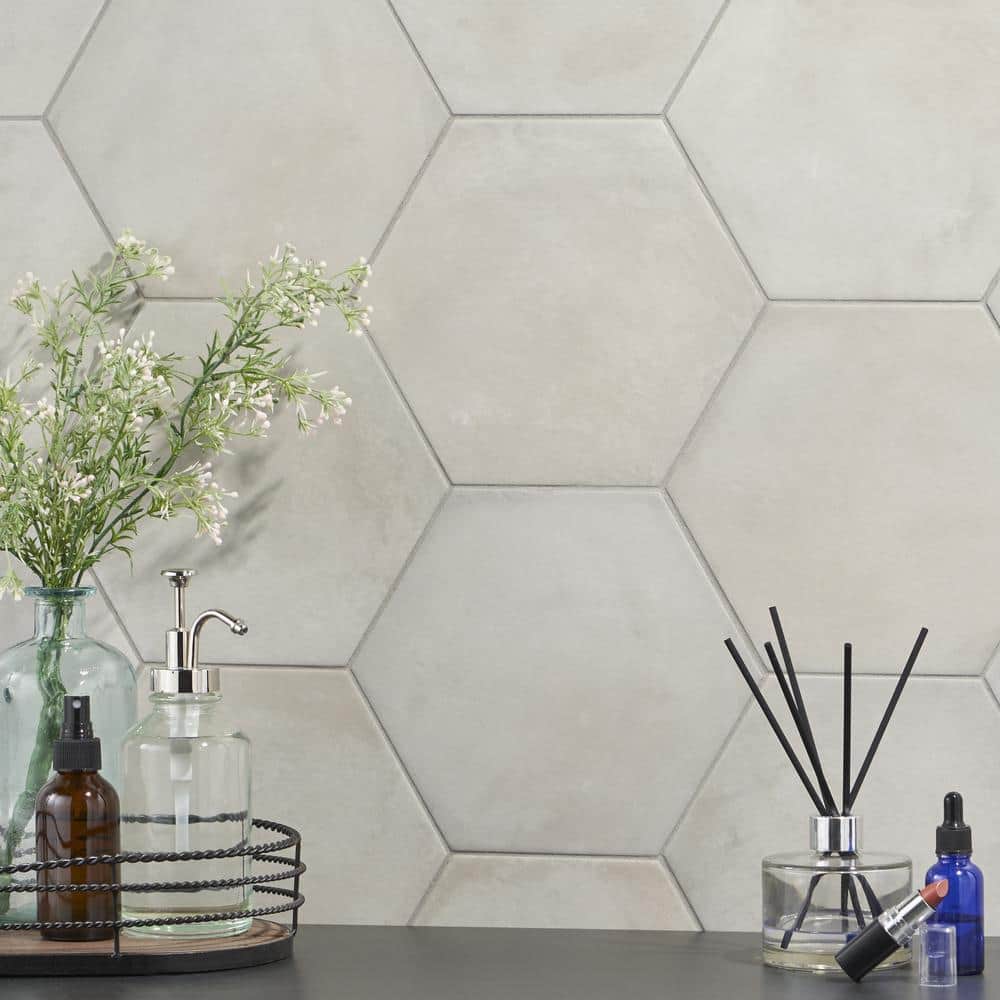 Matte Gray Hexagonal Porcelain Floor and Wall Tile, 8.5 x 9.84 in