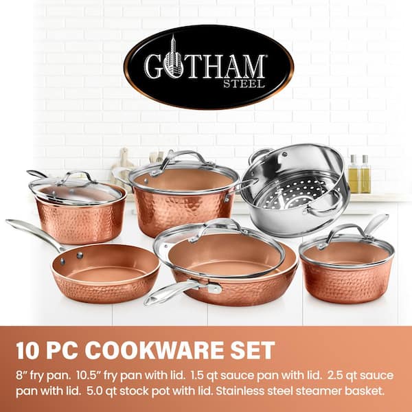 Gotham Steel Cookware Set 10-Piece Round Aluminum Nonstick Glass Lids Copper 