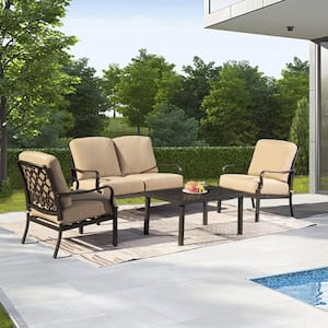 4-Piece Patio Conversation Set Metal Outdoor Furniture, All-Weather Deep Seating Sofa Set with Beige Cushions