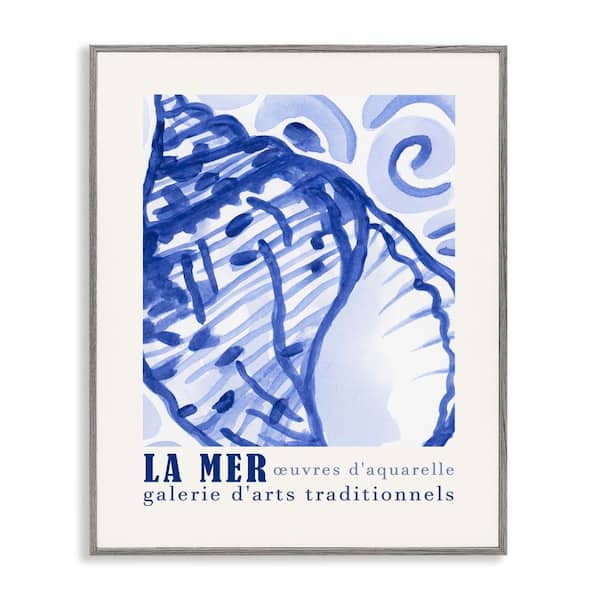 Stupell Industries Blue Seashell Gallery Show by June Erica Vess Gray Framed Coastal Giclee Art Print 30 in. x 24 in.