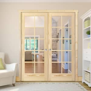 48 in. x 80 in. 10-Lite French Unfinished Pine Solid Core Wood Double Prehung Interior Door with Bronze Hinges