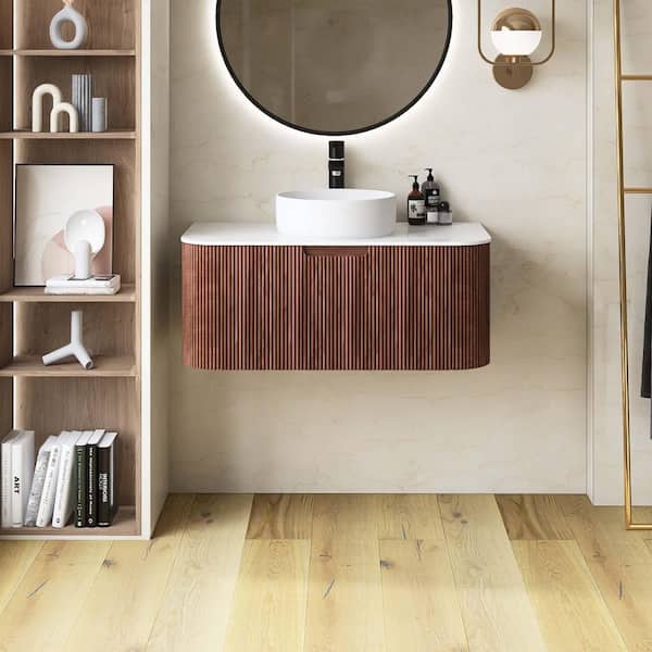 Yingze 36 in. Wall Mounted Single Sink Walnut Bath Vanity with
