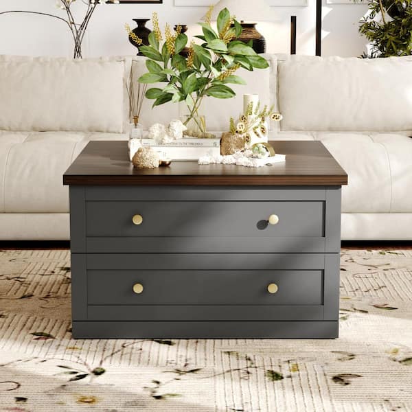 31.5 in. Gray Square Wood Coffee Table with Sliding Walnut Top, Hidden Storage, 2-Drawers, Mid-Century Vintage Style