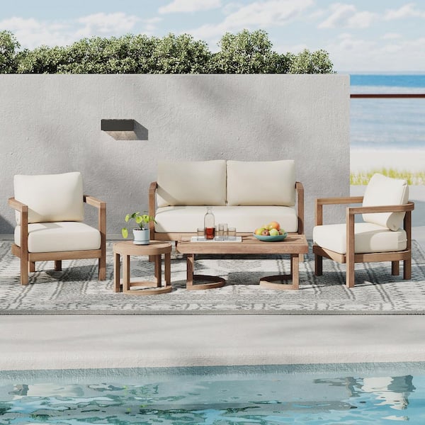 5-Piece Acacia Wood Patio Conversation Set with Beige Cushions
