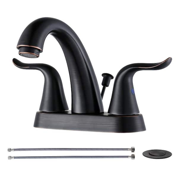Modern High Arc 4 in. Centerset Double Handle Bathroom Faucet with Lift Rod Drain Kit in Oil Rubbed Bronze