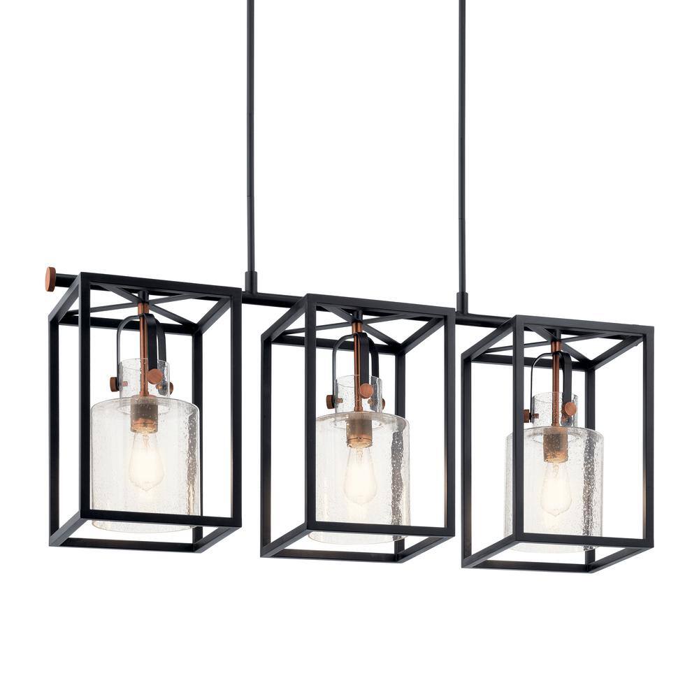 Black Steel Cage 3-Light Linear Chandelier with Clear Seeded Glass