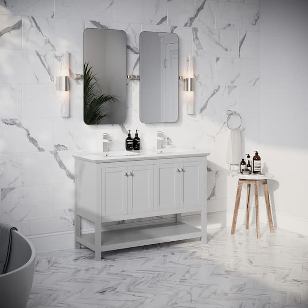 Manchester 48 in. Double Sink Shaker-Style Gray Bath Vanity with White Quartz Top and Integrated Sink