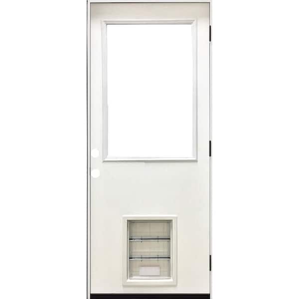 Steves & Sons 32 in. x 80 in. Reliant Series Clear Half Lite LHOS White Primed Fiberglass Prehung Front Door with Large Pet Door