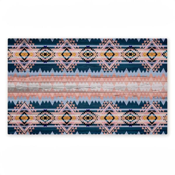 Geometric Boho Vibe Stripes Blue 18 in. x 30 in. Polyester Non-Slip Outdoor Door Mat