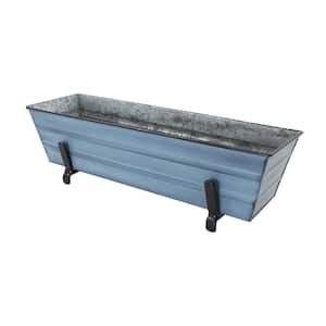 22 in. W Nantucket Blue Small Galvanized Steel Flower Box Planter With Brackets for 2 x 6 Railings