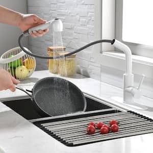 Single Handle Gooseneck Pull Down Sprayer Kitchen Faucet with Deckplate in White