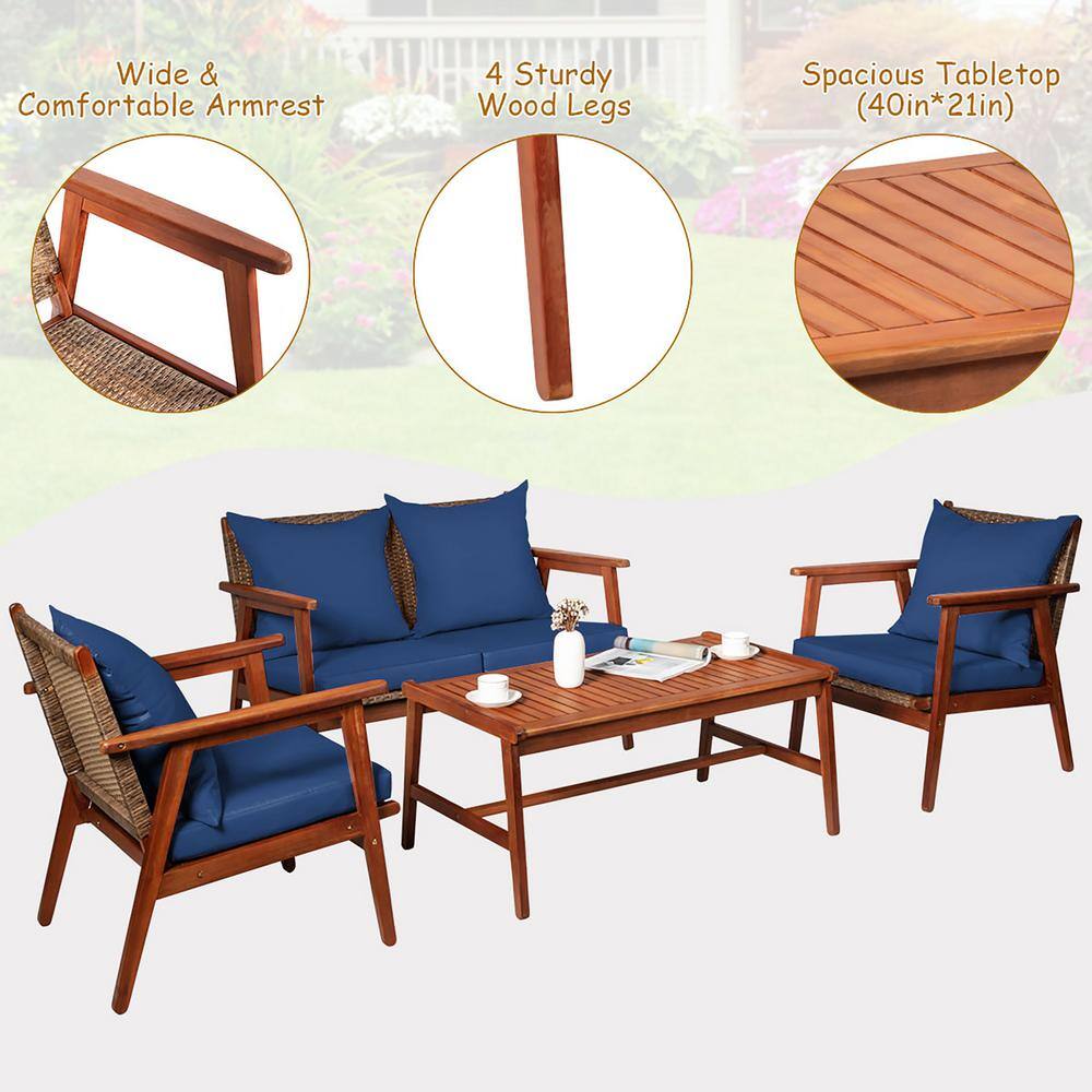 Navy Acacia Wood and Rattan 4-Piece Outdoor Patio Set