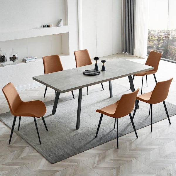 GOJANE 78.7 in. Rectangle Mid-Century Extendable Kitchen Table for Dining Room with 4 Steel Legs and 6 Brown PU Chairs