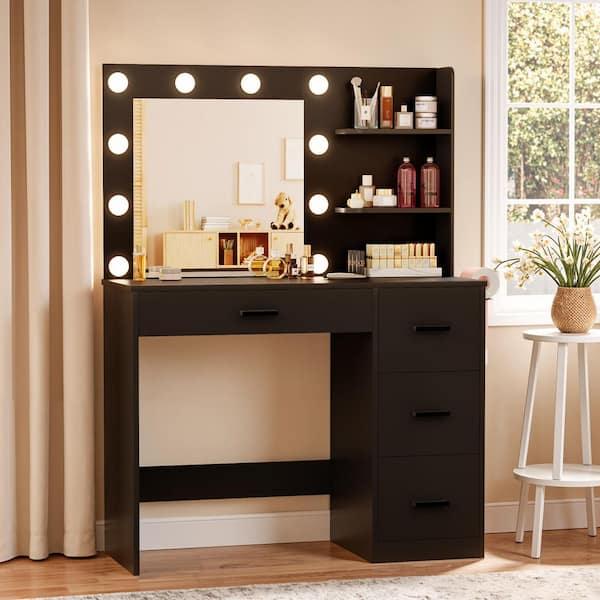black dressing table with mirror and lights TOKSOM Black Vanity Desk with Mirror, Lights & Charging Station, 58.3