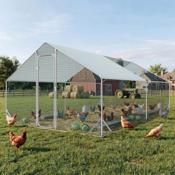 13 ft. x 9.8 ft. Outdoor Metal Chicken Coop with Waterproof Cover