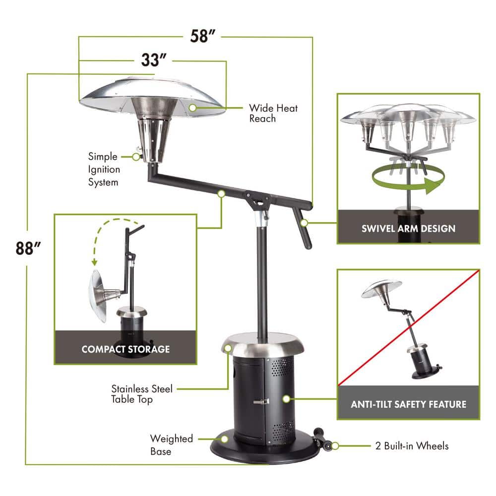 Extra Large Black and Silver Propane Patio Heater with Drink Table
