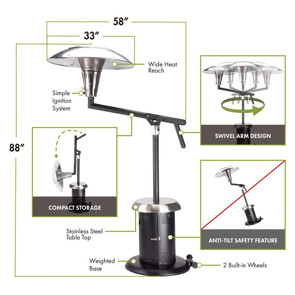 Extra Large Black and Silver Propane Patio Heater with Drink Table