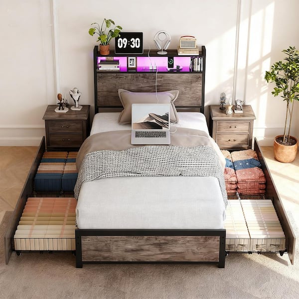 Gray Metal Frame Twin Platform Bed with 4 Storage Drawers, Built in Charging Station and LED Light