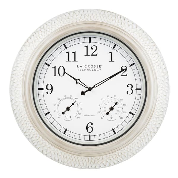 Photo 1 of 21 in. Indoor/Outdoor Atomic Analog White-Washed Metal Wall Clock