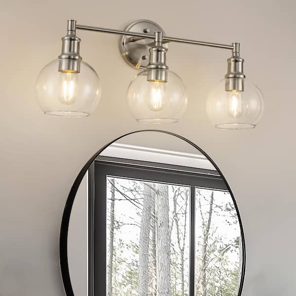 24 in. 3-Light Brushed Nickel Vanity Light with Clear Glass Globe Shades Modern Bathroom Lighting