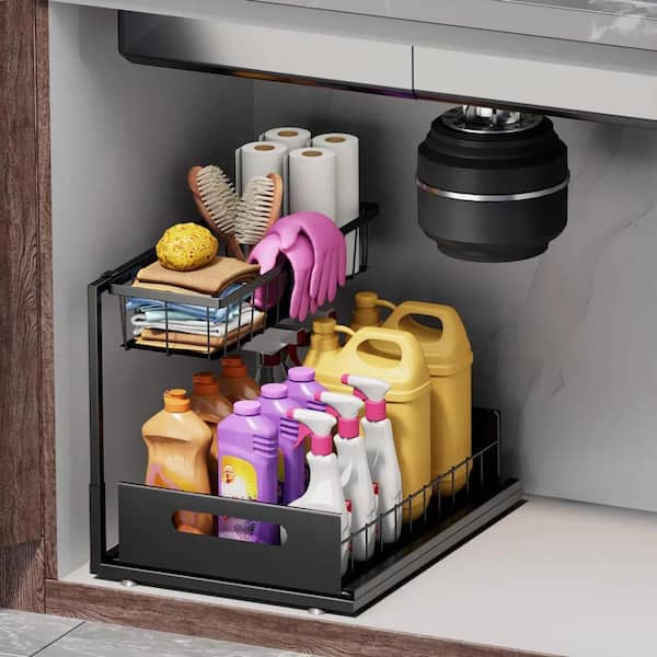 PRIMEPLUS Underder Sink Organizers and Storage 2 Tier Slide Out Kitchen Cabinet Organizer Sturdy Metal Bathroom Storage, Black