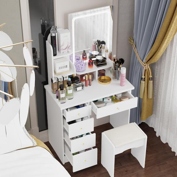 FUFU&GAGA 5-Drawers White Makeup Vanity Sets Dressing Table Sets With Stool, Mirror, LED Light and 3-Tier Storage Shelves