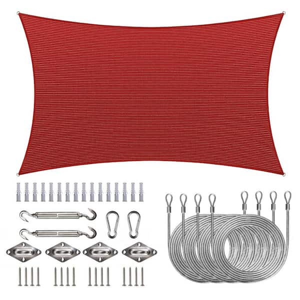 COLOURTREE 10 ft. x 16 ft. 190 GSM Red Rectangle Sun Shade Sail with Rectangle Installation Kit Plus Cable Wire Ropes