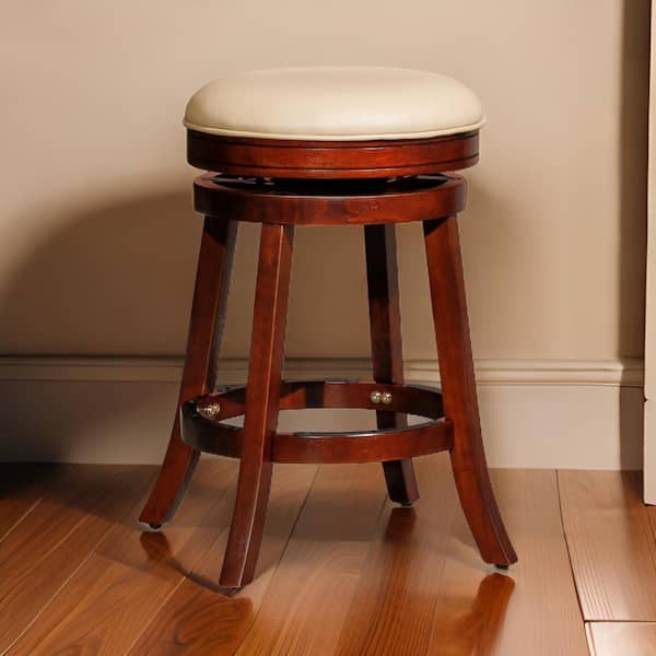 Benjara 24 in. Beige, Brown and Black Backless Wood Frame Bar Stool with Leather Seat