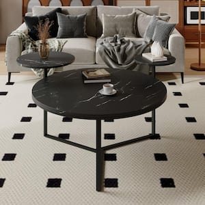 31.5 in. Matte Black Round MDF Top Coffee Table with Faux Marble Decorations, 2-Display Shelves, Tripod Metal Base